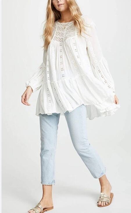 Free People Tops - Free People Kiss Kiss Tunic Ivory Crochet Lace Boho Tiered Top Size M